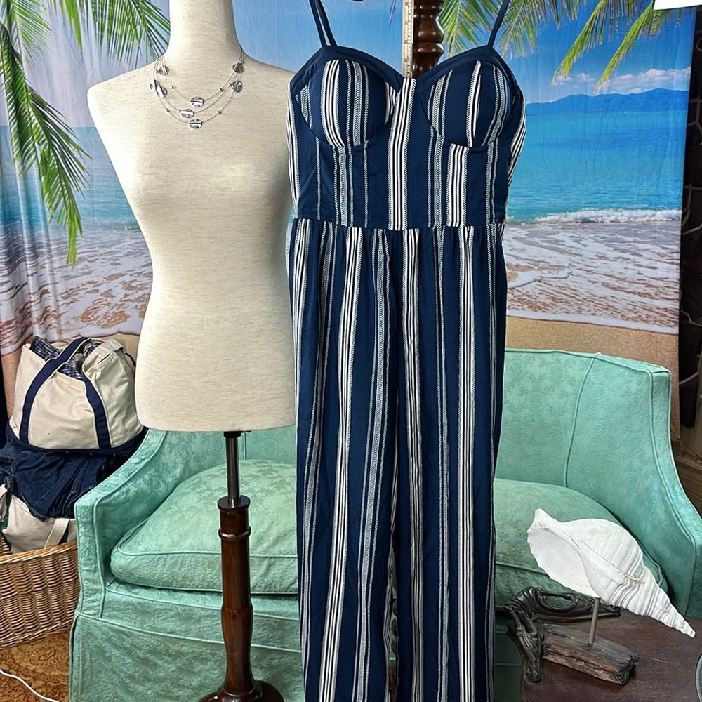 Light airy Navy striped spaghetti strapped striped jumpsuit